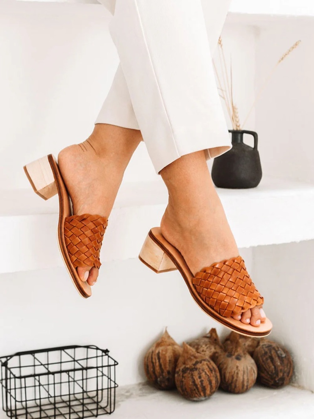 Liberté Santorini Woven Mule Sandal in Cognac | Size 8